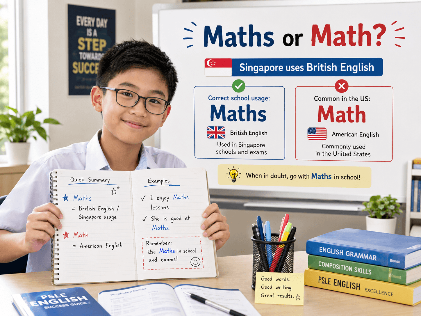 maths or math PSLE English explanation for Singapore British English usage