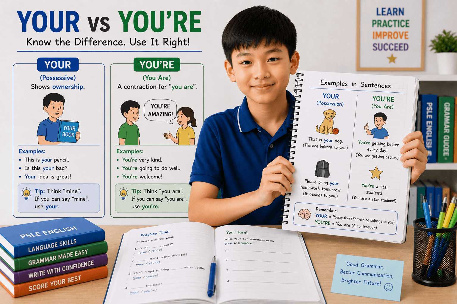 your vs you're PSLE English explanation showing the difference between possession and you are