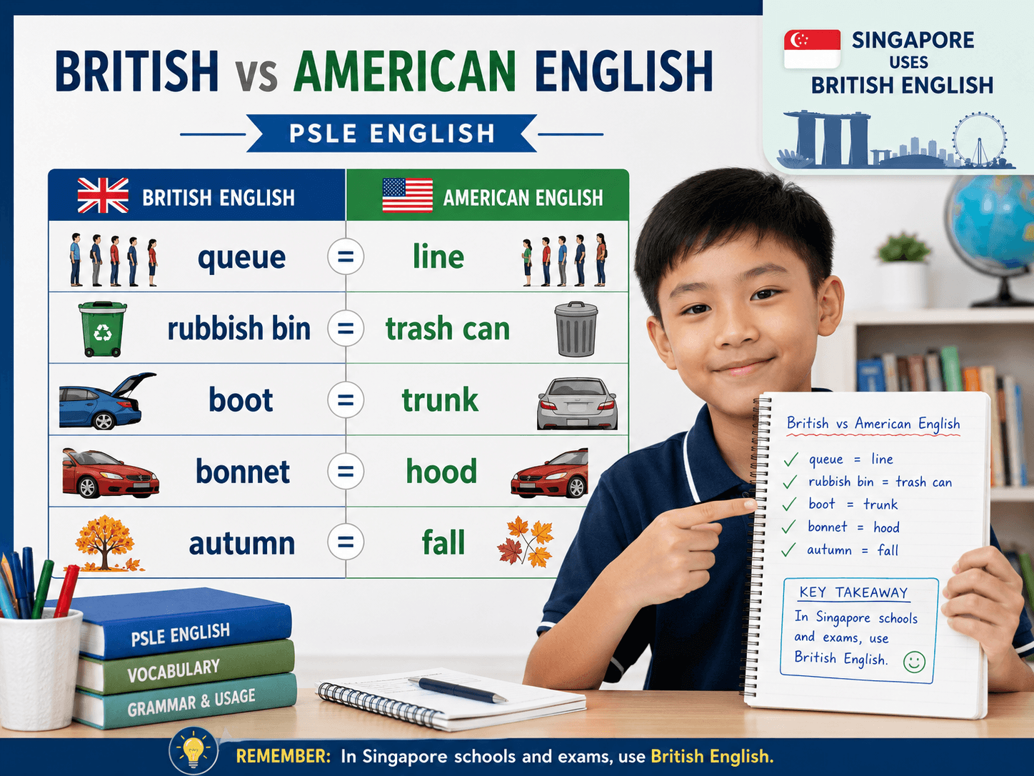 British American English PSLE English explanation showing queue line rubbish bin trash can boot trunk bonnet hood
