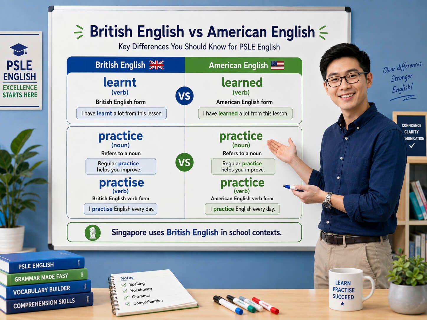 British English Singapore lesson comparing learnt learned practice and practise for PSLE English students